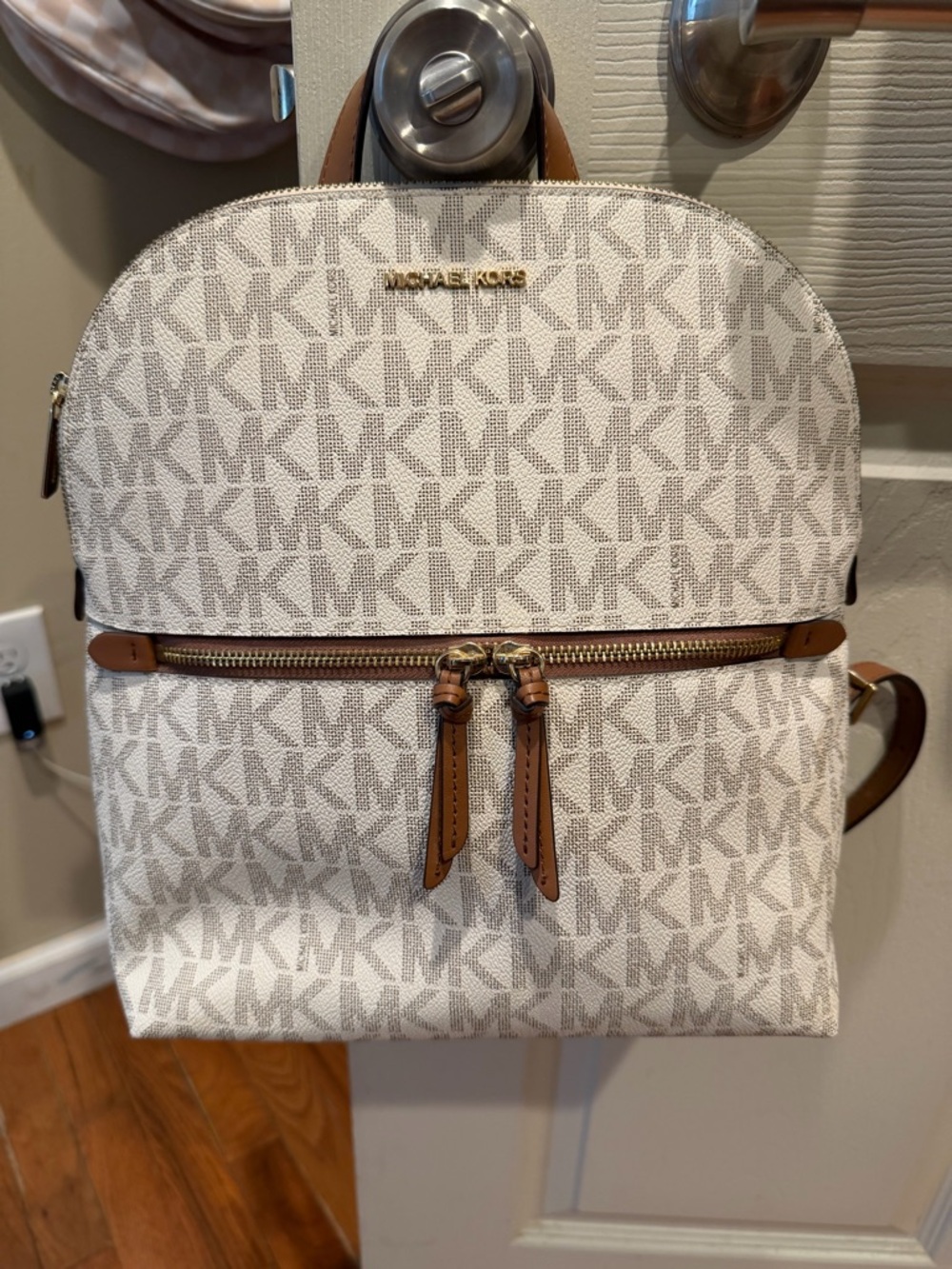 Michael Kors Cream and Brown Logo Backpack with Gold Accents